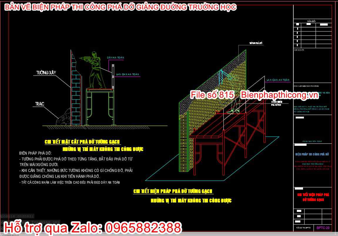 Chi tiết biện pháp phá dỡ tường gạch cad.