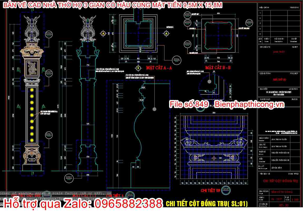 Thiết kế chi tiết cột đồng trụ 3 gian.