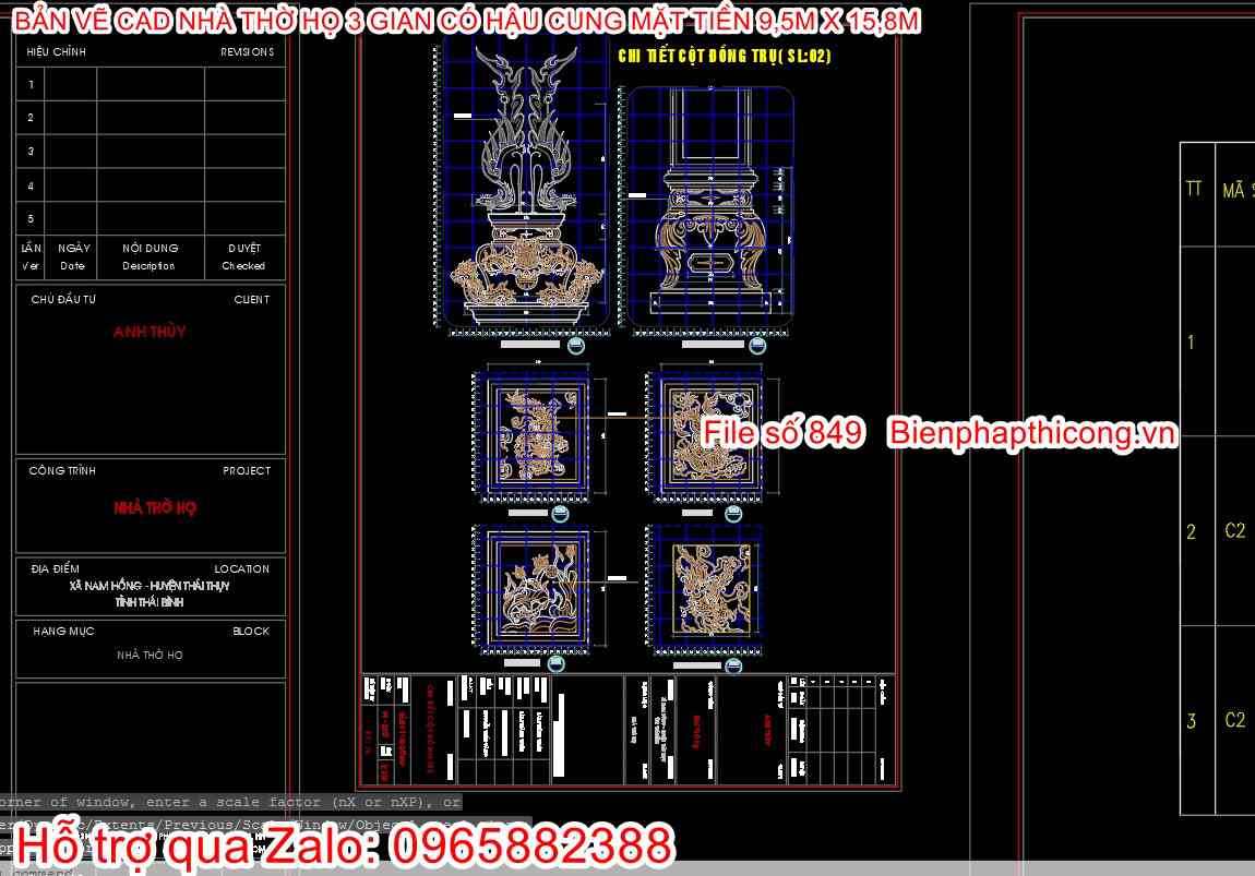 Chi tiết cột đồng trụ 3 gian đẹp.
