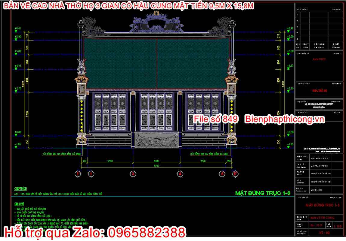Bản vẽ xây dựng nhà thờ họ mặt tiền 9,5m.
