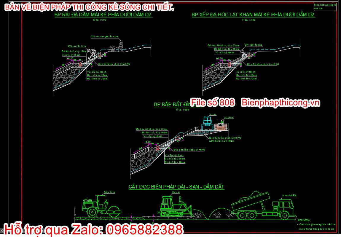 Bản vẽ biện pháp xếp đá hộc lát khan mái kè cad.