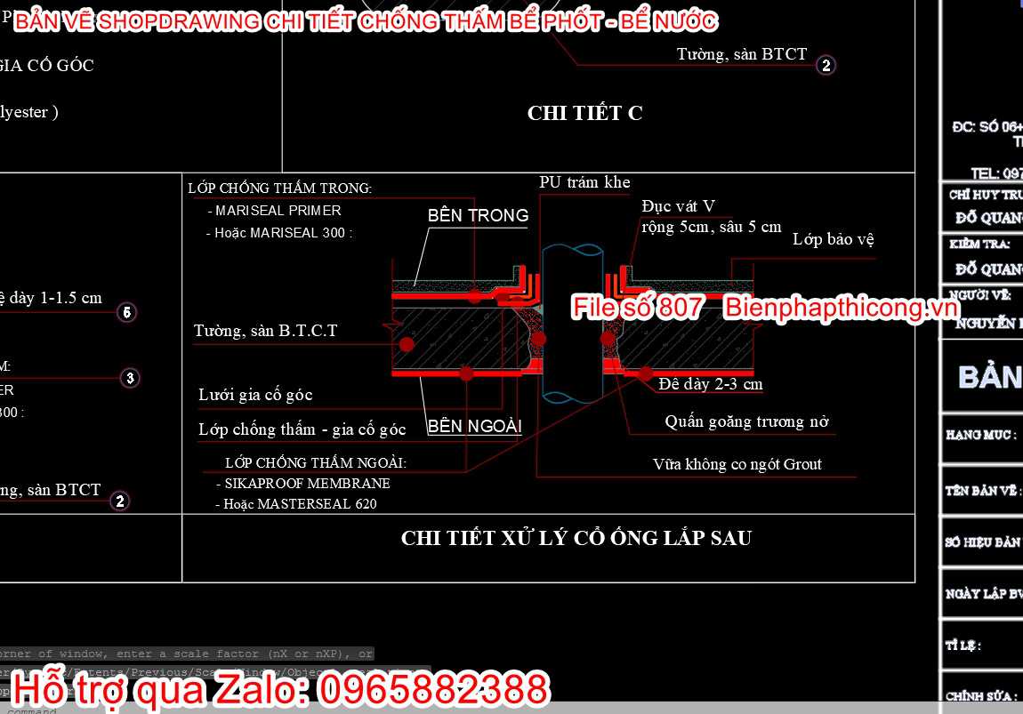 Bản vẽ chi tiết xử lý cổ ống chống thấm lắp sau.