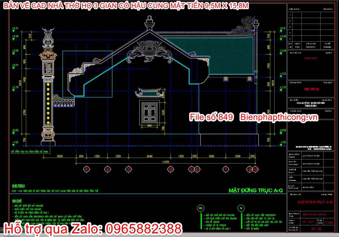 Mặt đứng nhà thờ họ 3 gian cad.