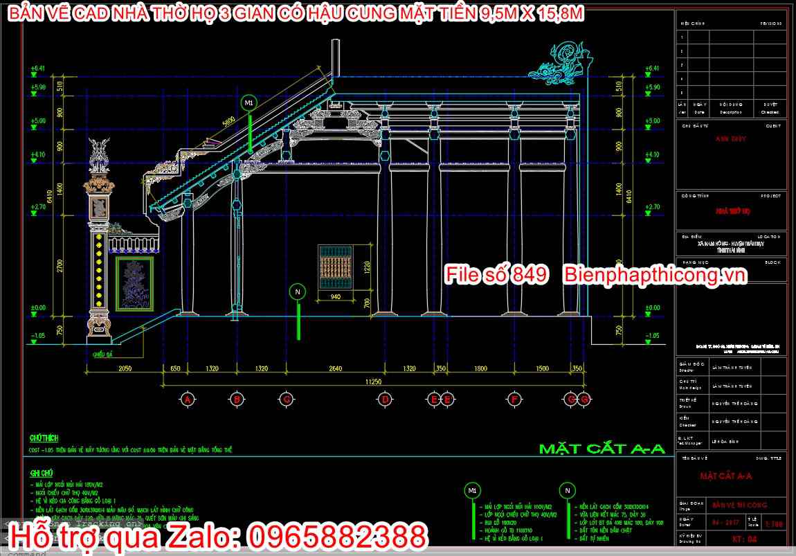 File cad mặt cắt nhà thờ họ 3 gian full.