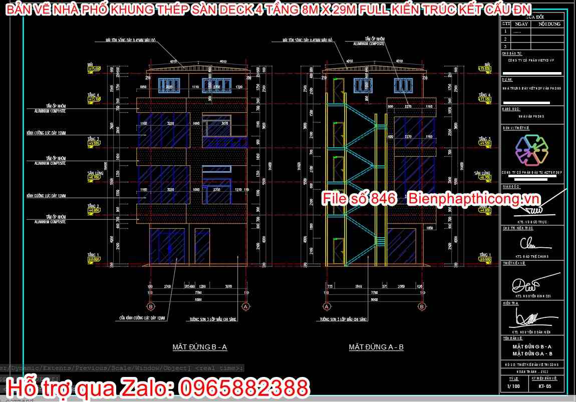 Bản vẽ thi công nhà phố khung thép 4 tầng 8m x 29m.