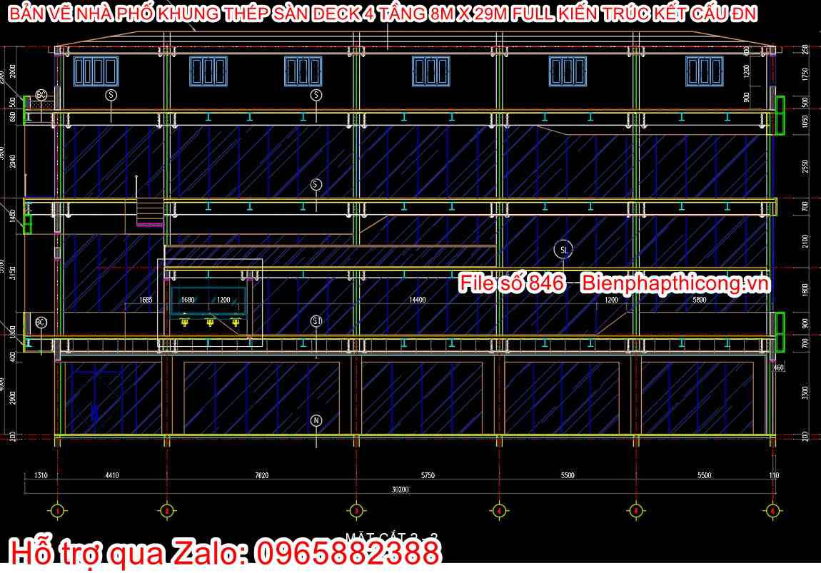 Bản vẽ xây dựng nhà ống khung thép 4 tầng.
