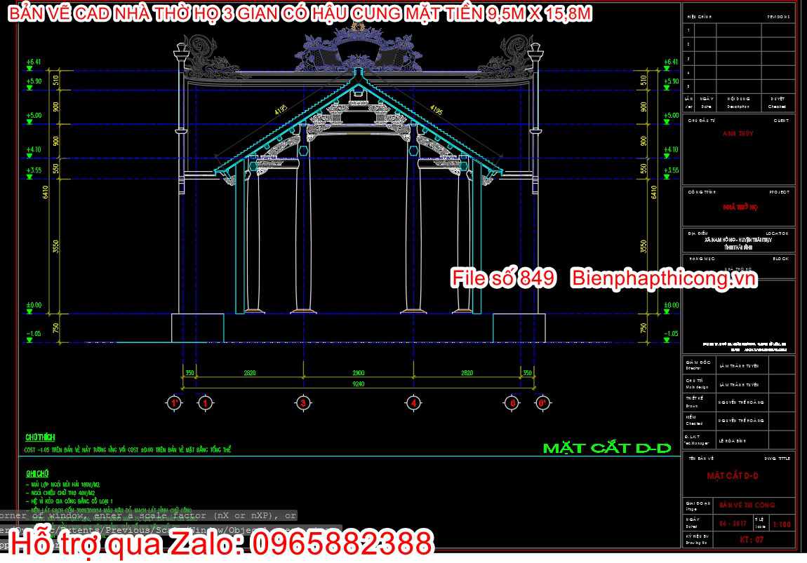Thiết kế mặt cắt nhà thờ họ 3 gian đẹp.