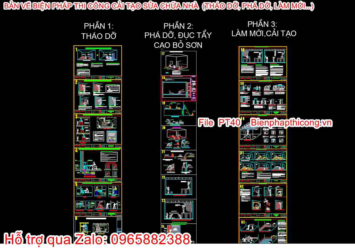 Bản vẽ biện pháp thi công cải tạo sửa chữa cad tổng hợp.
