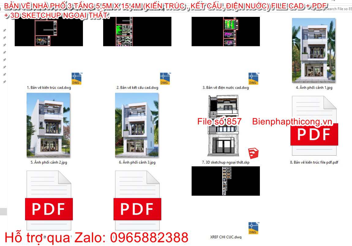 Tổng hợp file thiết kế nhà ống 3 tầng 5,5m x 15,4m full cad.