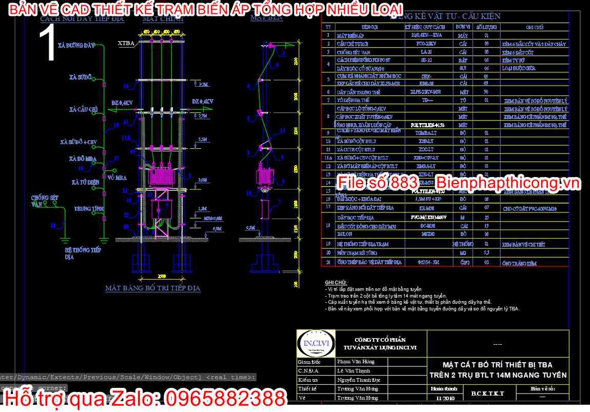 File cad trạm biến áp treo trên trụ BTLT.