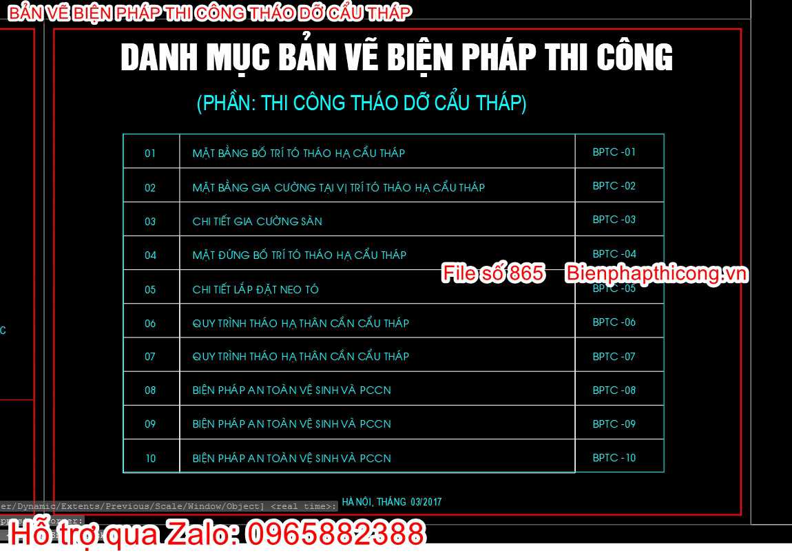 Danh mục bản vẽ biện pháp thi công.