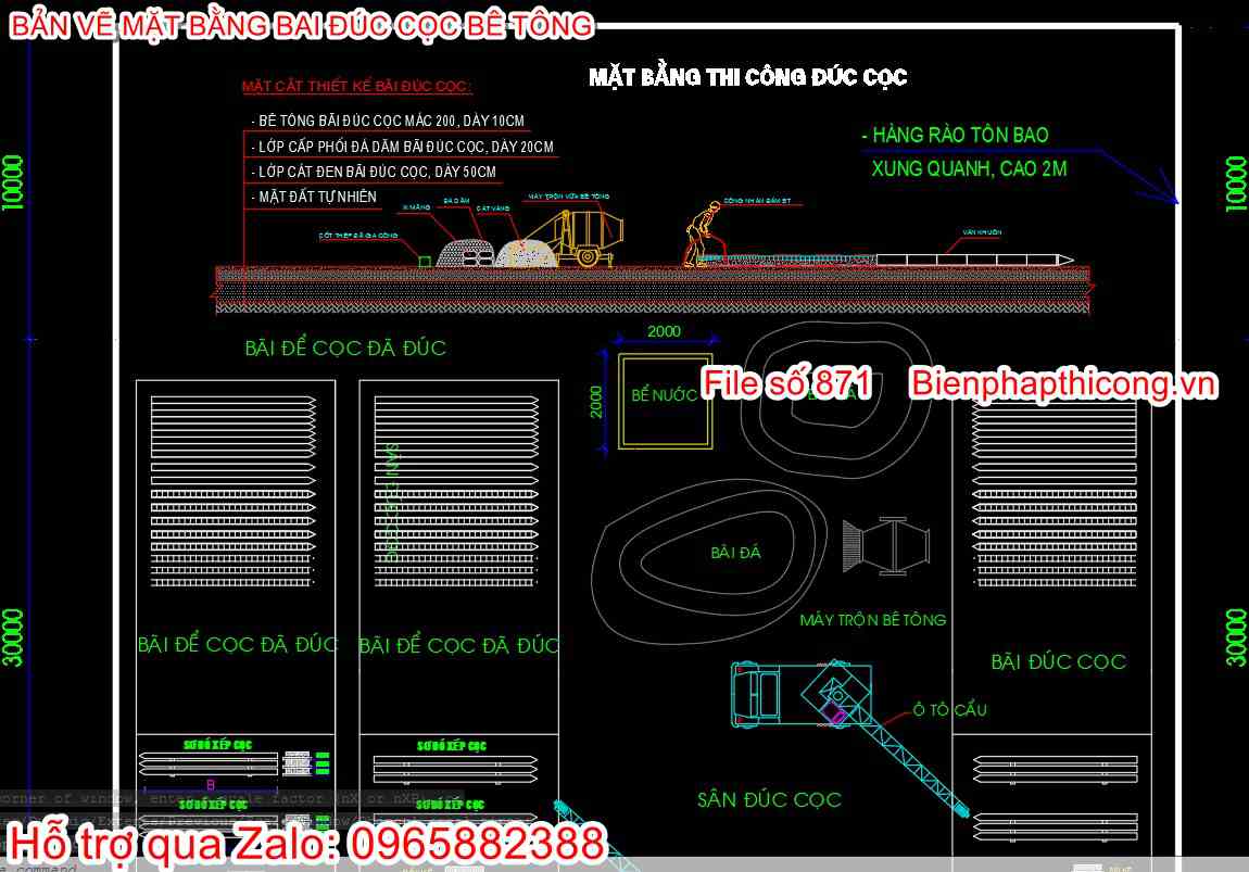 Mặt bằng thi công đúc cọc cad.