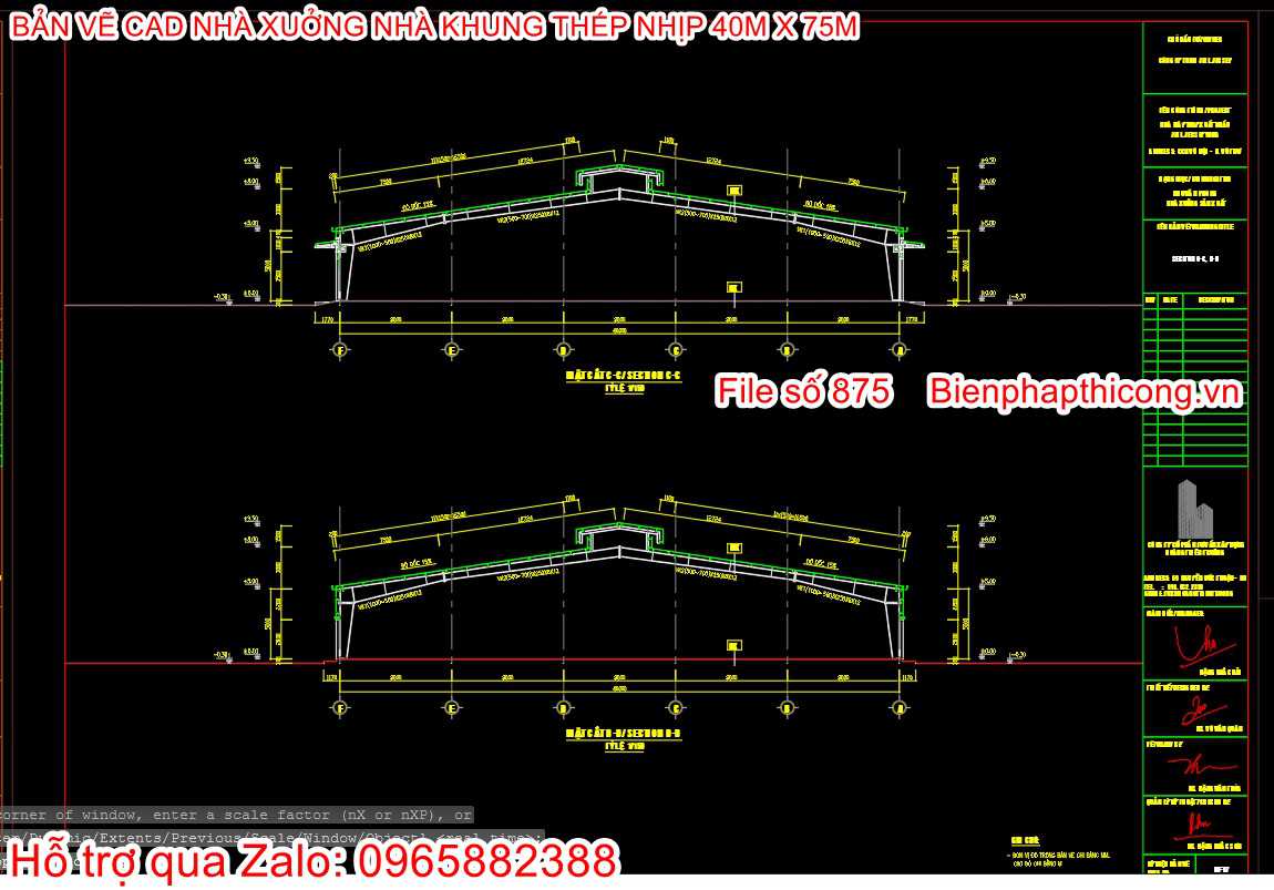 Download bản vẽ cad nhà kết cấu thép nhịp 40m.