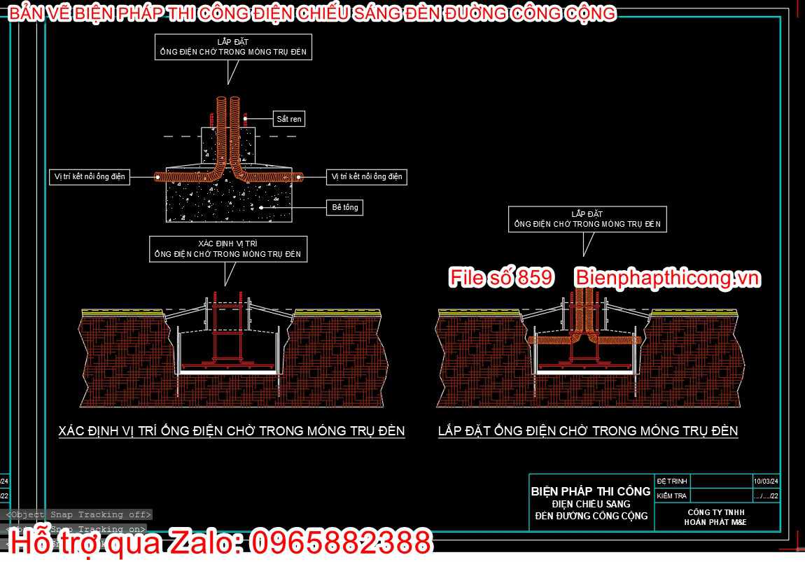 Xác định vị trí ống điện chờ trong móng trụ đèn.