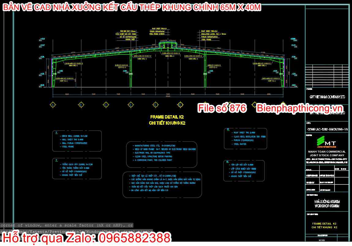 Bản vẽ thiết kế chi tiết khung rộng 65m x 40m.