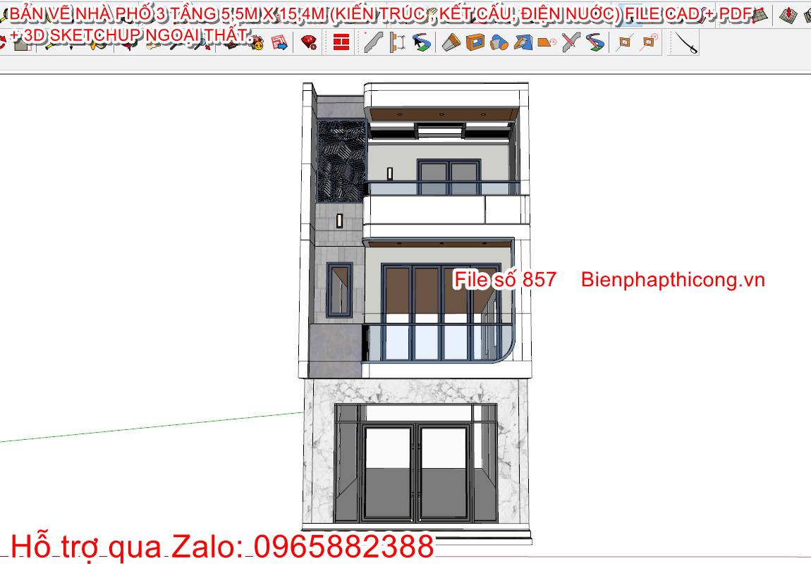 3D sketchup nhà ống 3 tầng full kiến trúc kết cấu điện nước.