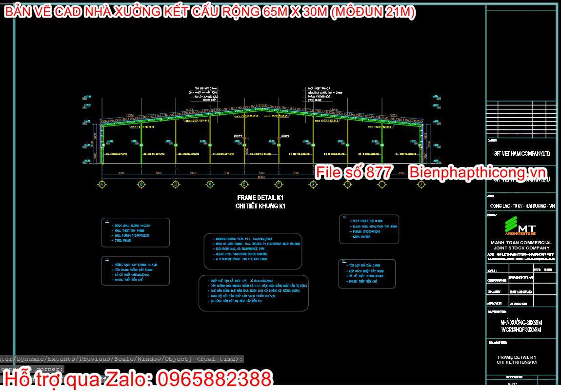 Mẫu bản vẽ khung kèo nhà thép tiền chế 65m x 30m.