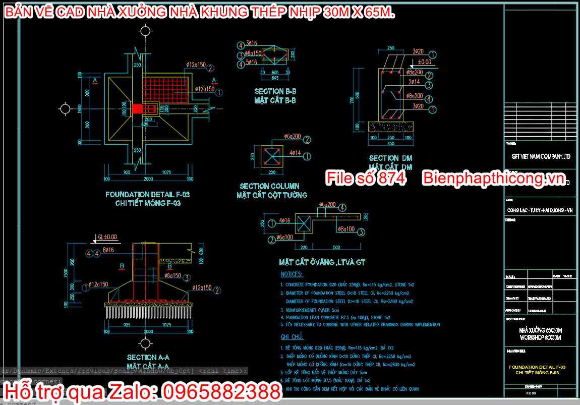 Chi tiết móng cốc nhà xưởng cad.