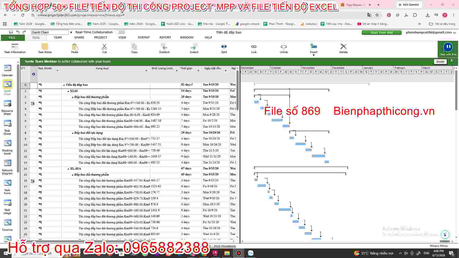 Tải file tiến độ thi công bảng excel.