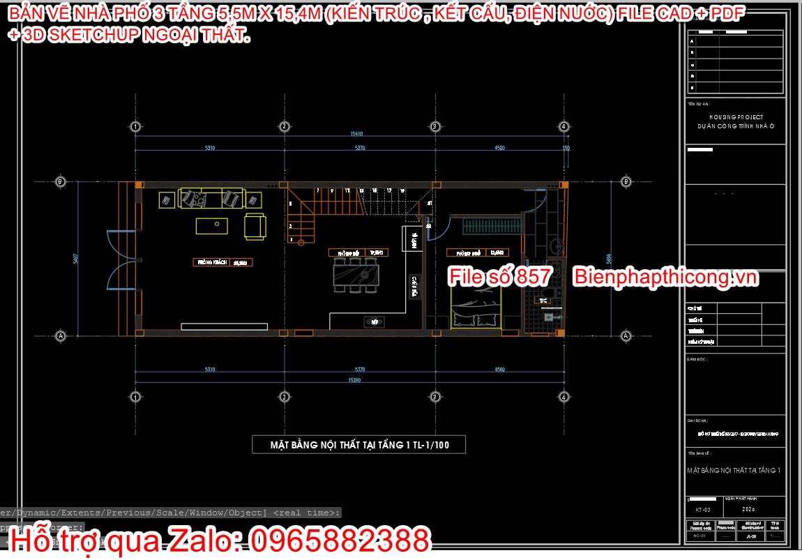 Mặt bằng tầng 1 nhà phố 3 tầng cad đẹp.
