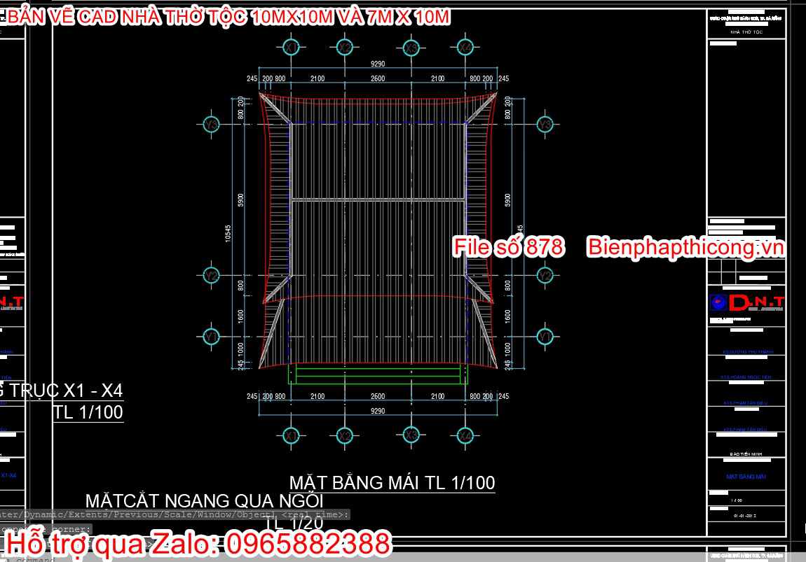 Mặt bằng mái nhà thờ họ 7m x 10m.