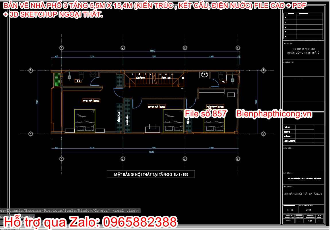 Mặt bằng tầng 2 nhà phố nhà ống 3 tầng cad đẹp.