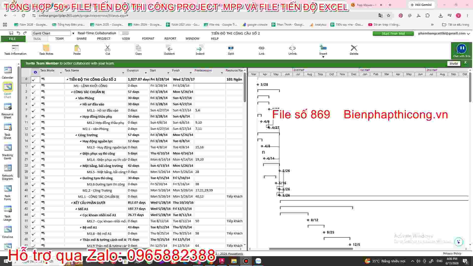 Tải file tiến độ thi công bảng excel.