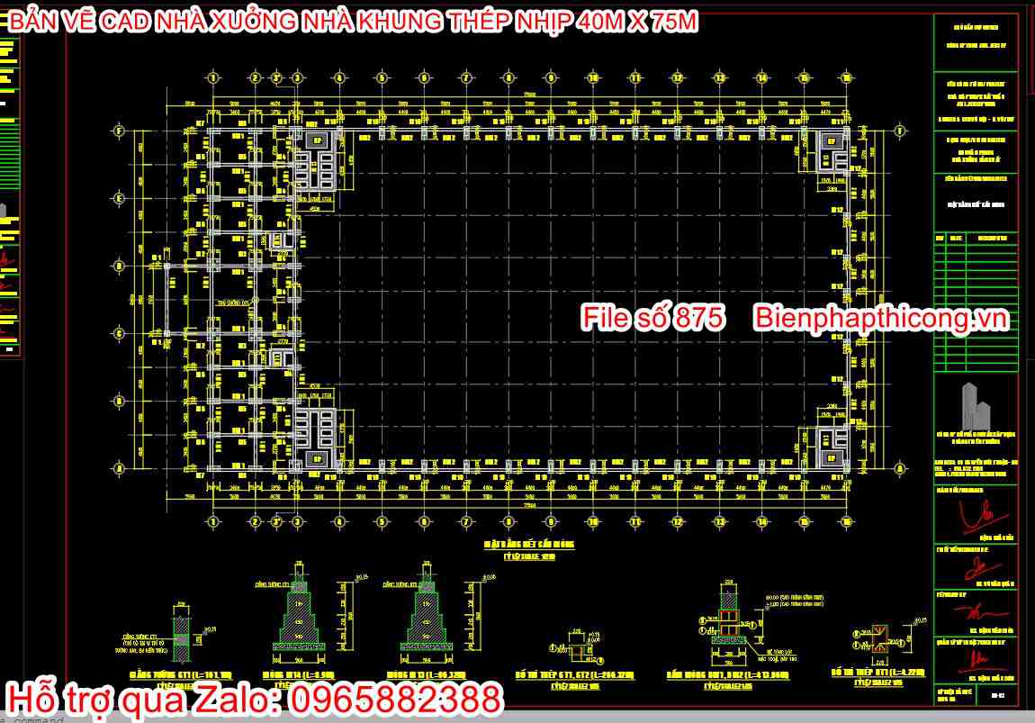 Mặt bằng móng nhà xưởng cad 40m x 75m.