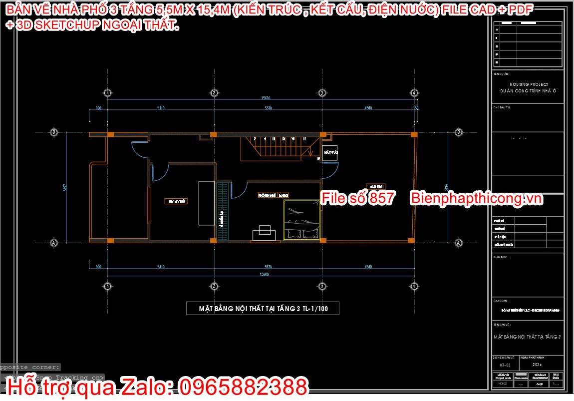 Mặt bằng tầng 3 nhà ống 3 tầng full kiến trúc kết cấu điện nước.