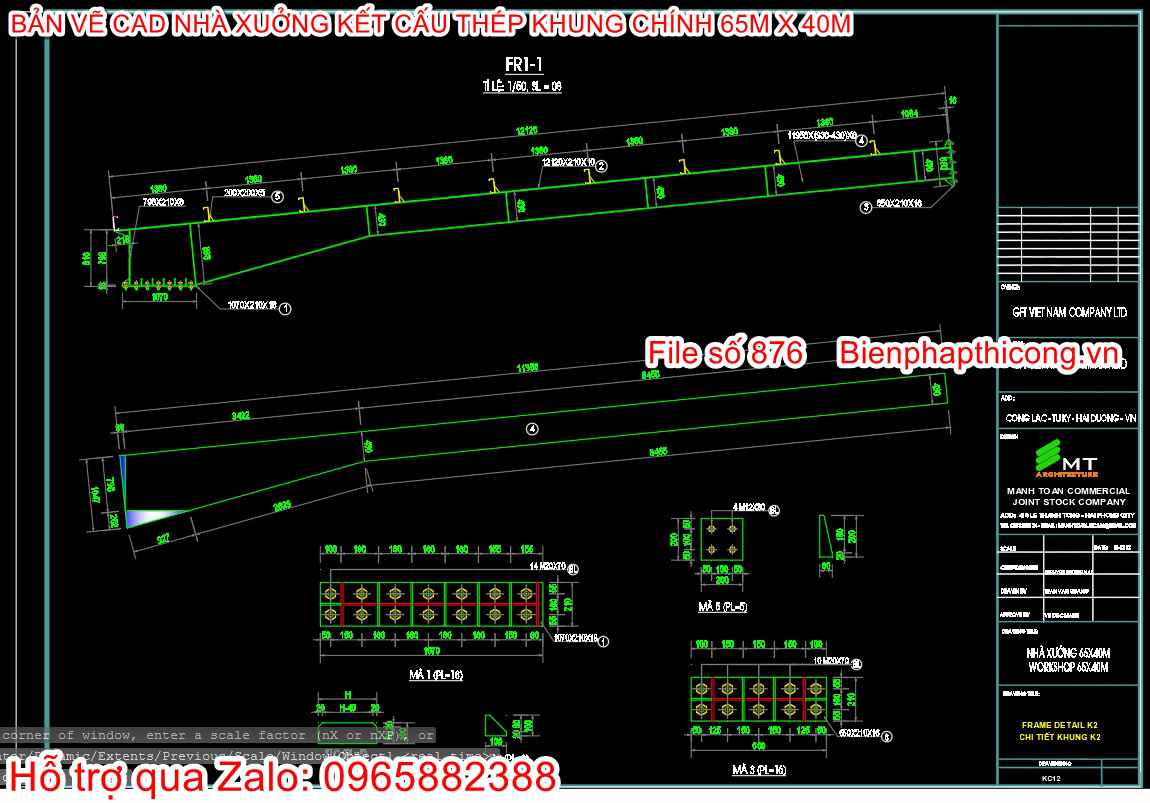 File cad thiết kế chi tiết khung cột kèo nhà xưởng.