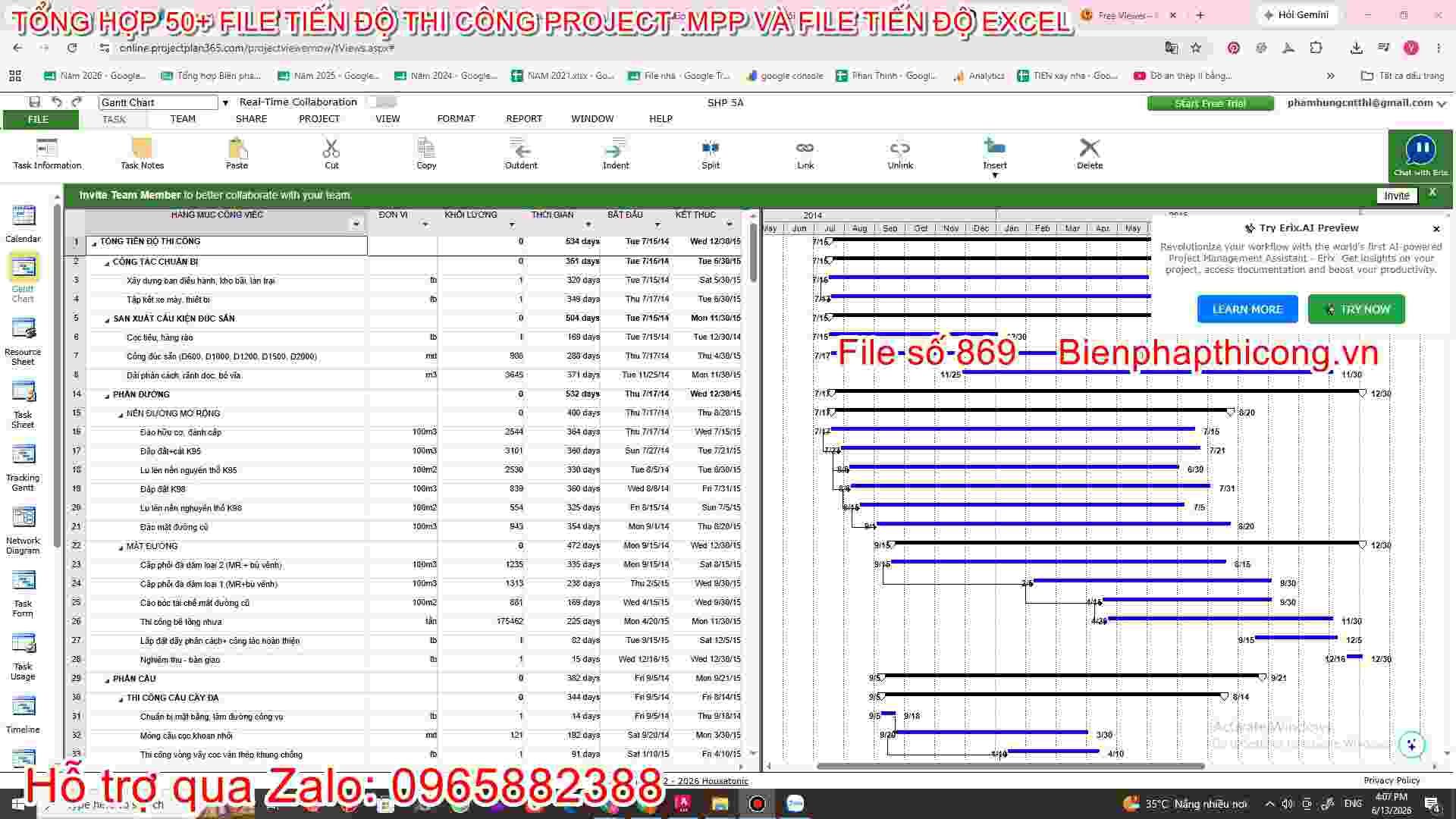 Mẫu tiến độ thi công bảng excel và project .mpp