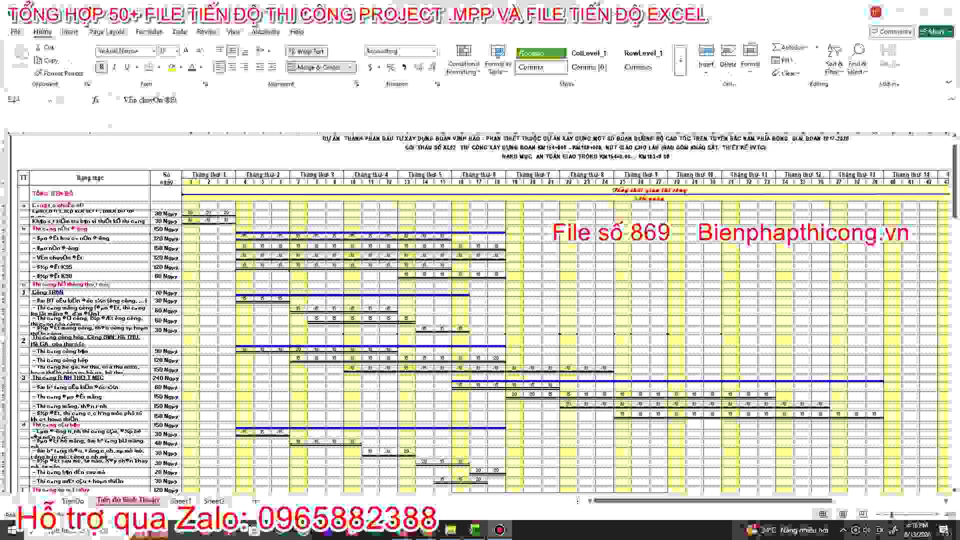 Bảng excel tiến độ thi công.