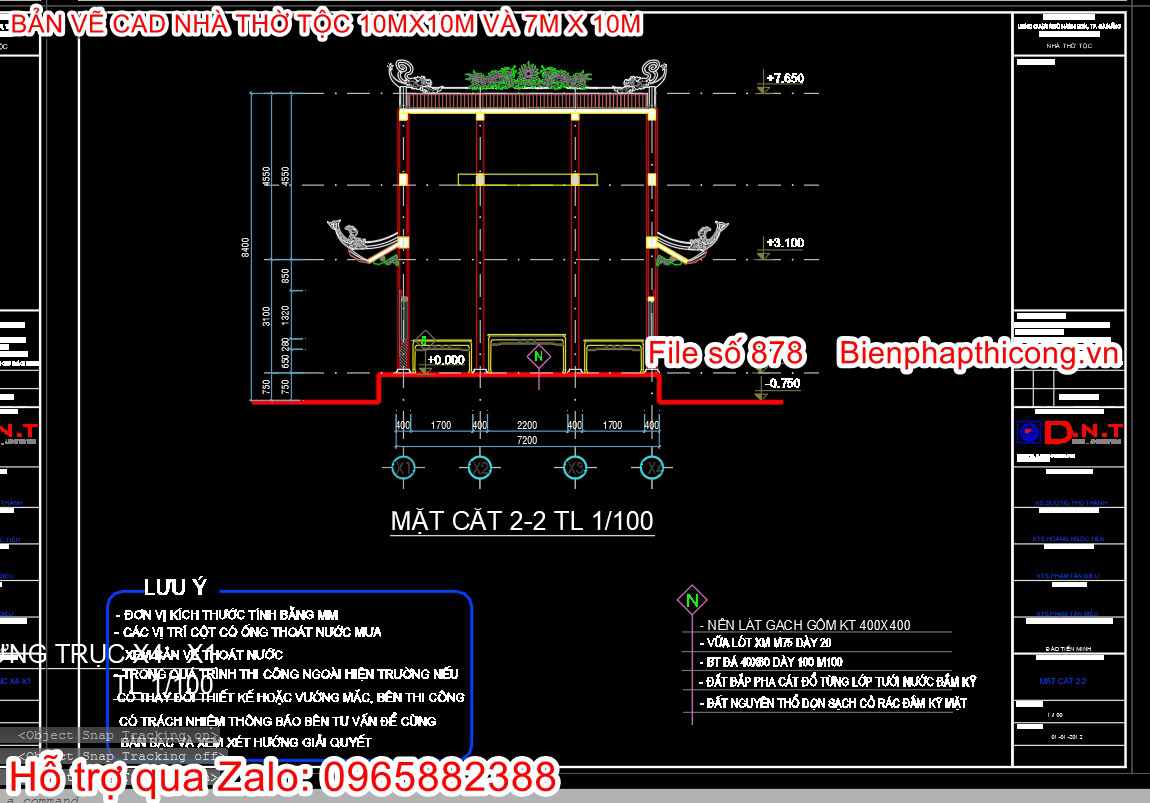 Mặt cắt file nhà thờ họ 7m x 10m.