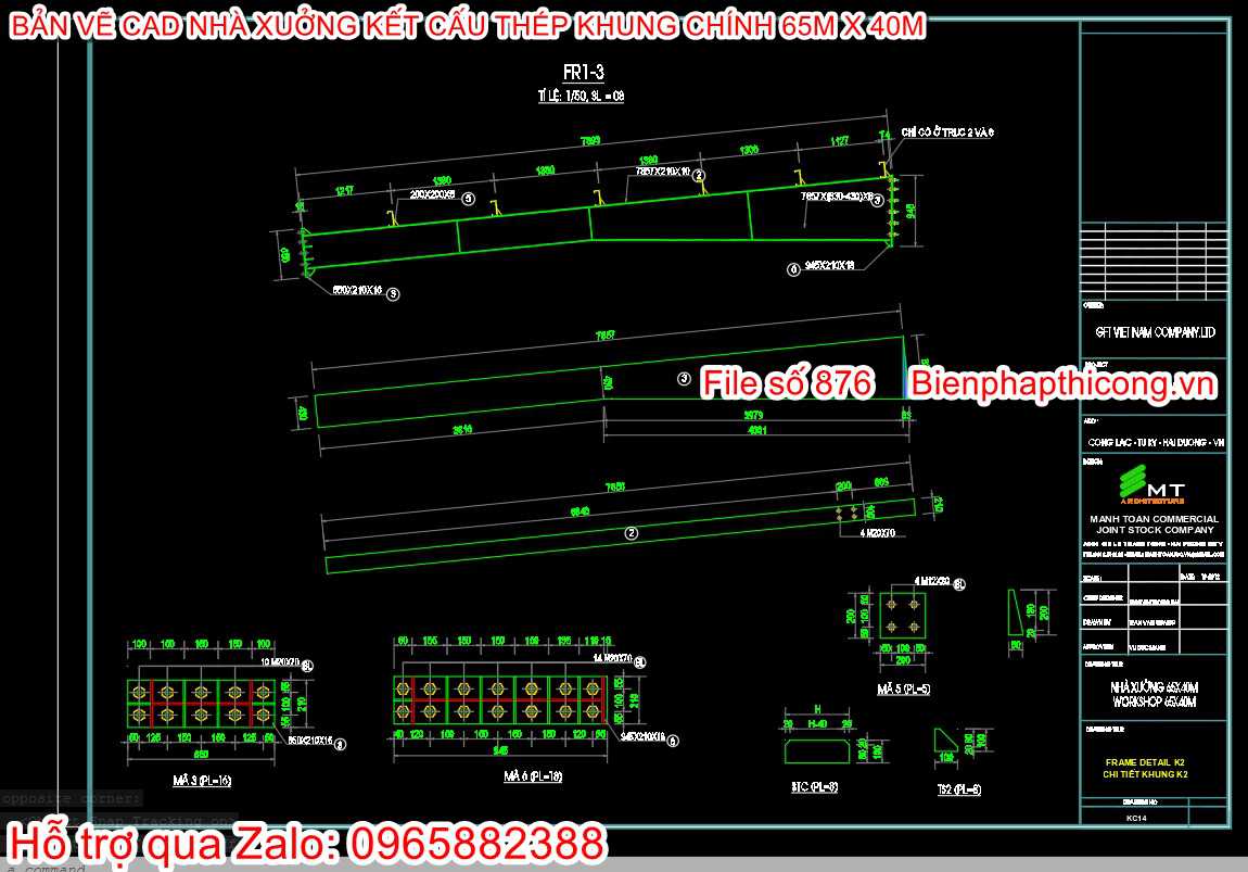 Bản vẽ cad nhà xưởng khung kèo nhịp 65m.