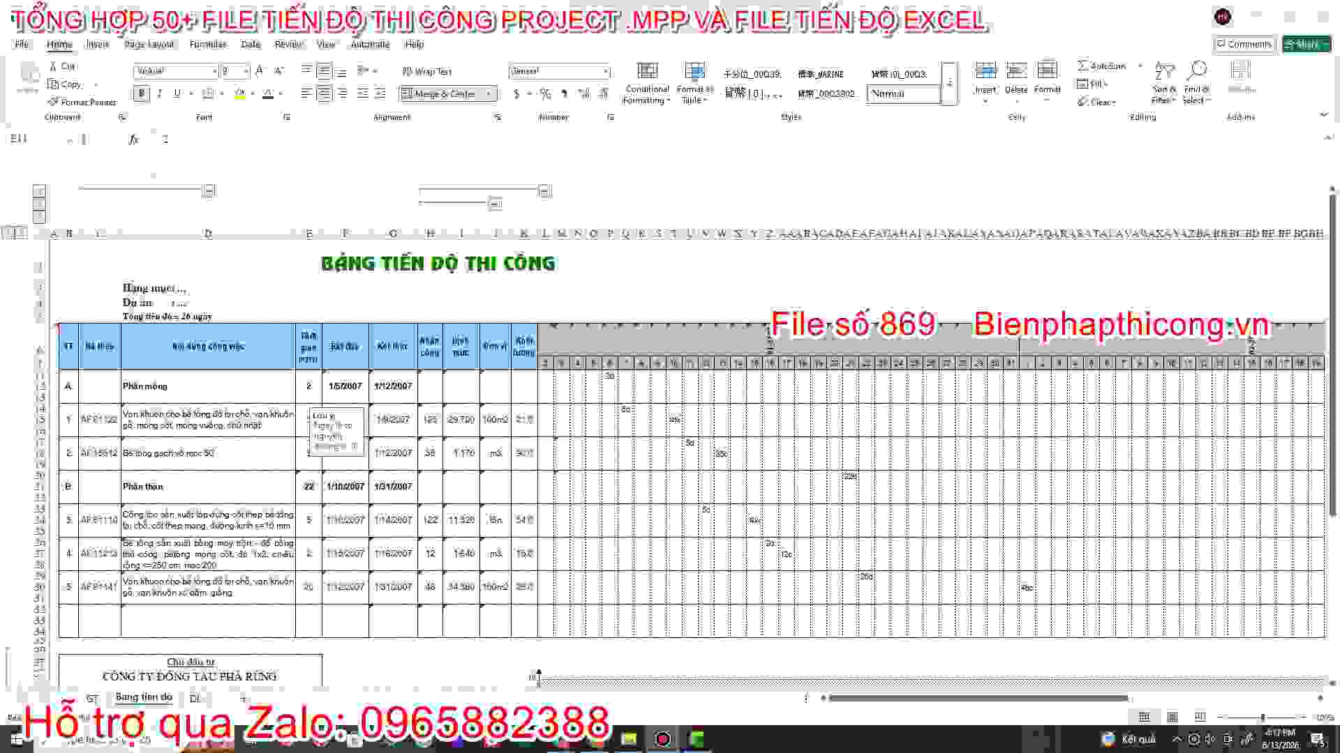 Bảng tiến độ thi công file excel hay.