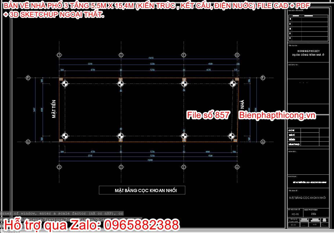 File mặt bằng cọc khoan nhồi nhà ống 3 tầng cad đẹp.