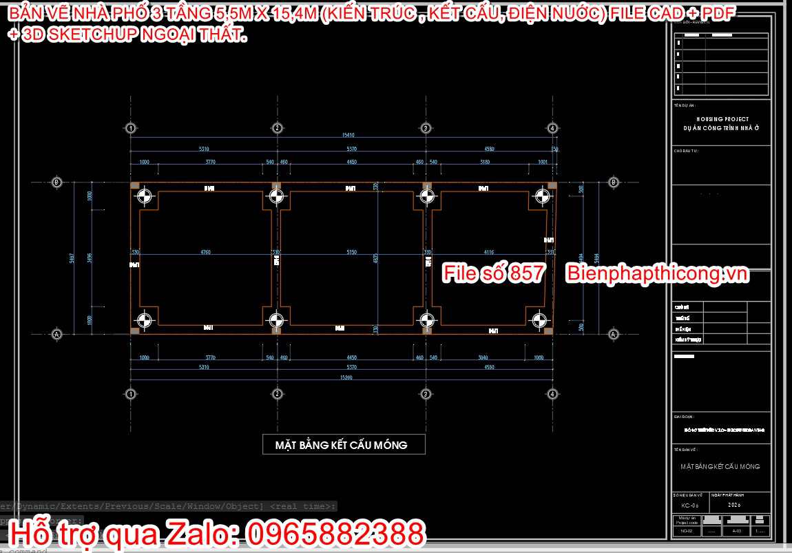 Mặt bằng kết cấu móng nhà ống 3 tầng dùng cọc khoan nhồi.
