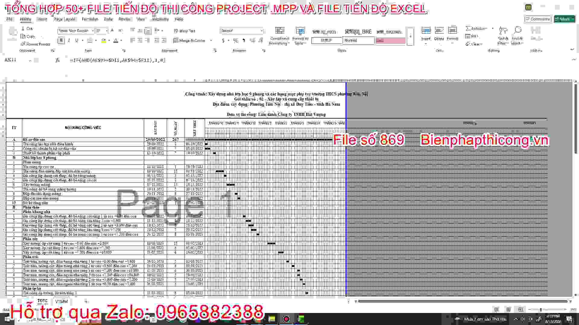 File tiến độ thi công bảng excel hay.