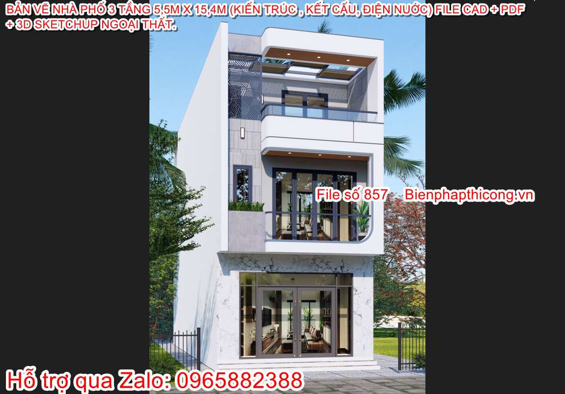 Mặt tiền nhà phố 3 tầng ngang 5,5m x 15,4m full cad.
