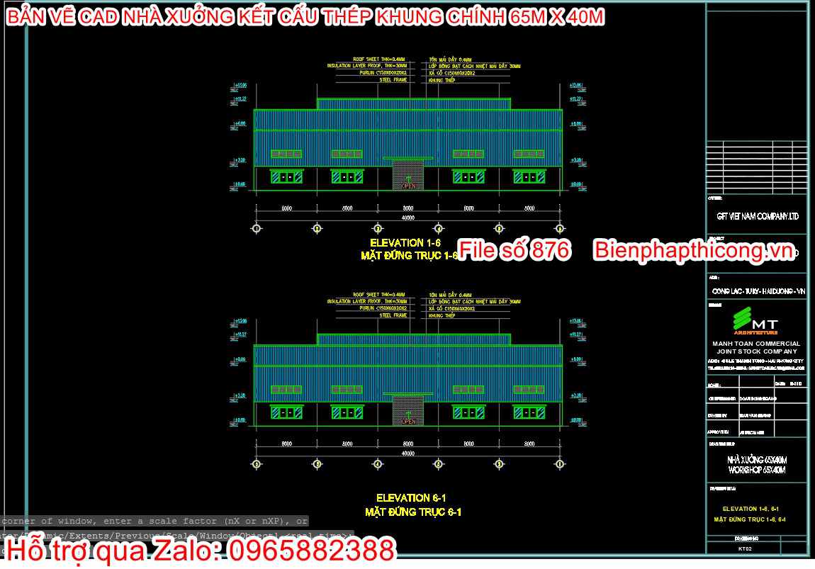 Mặt đứng nhà xưởng nhịp 65m x 40m.