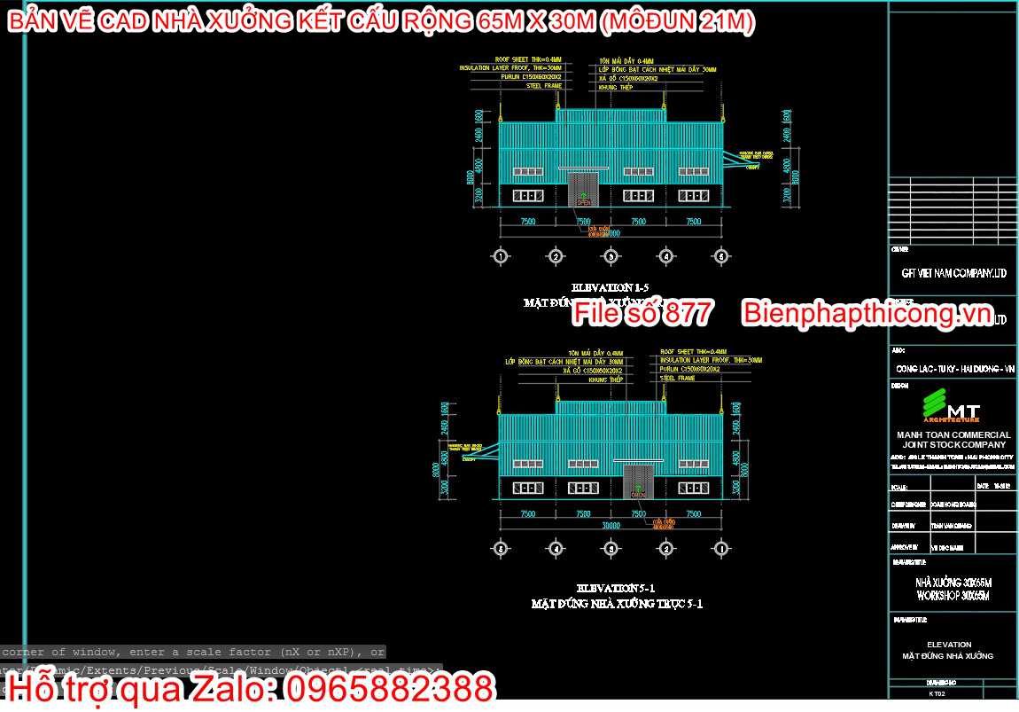 Mặt đứng thiết kế nhà xưởng rộng 65m x 30m.