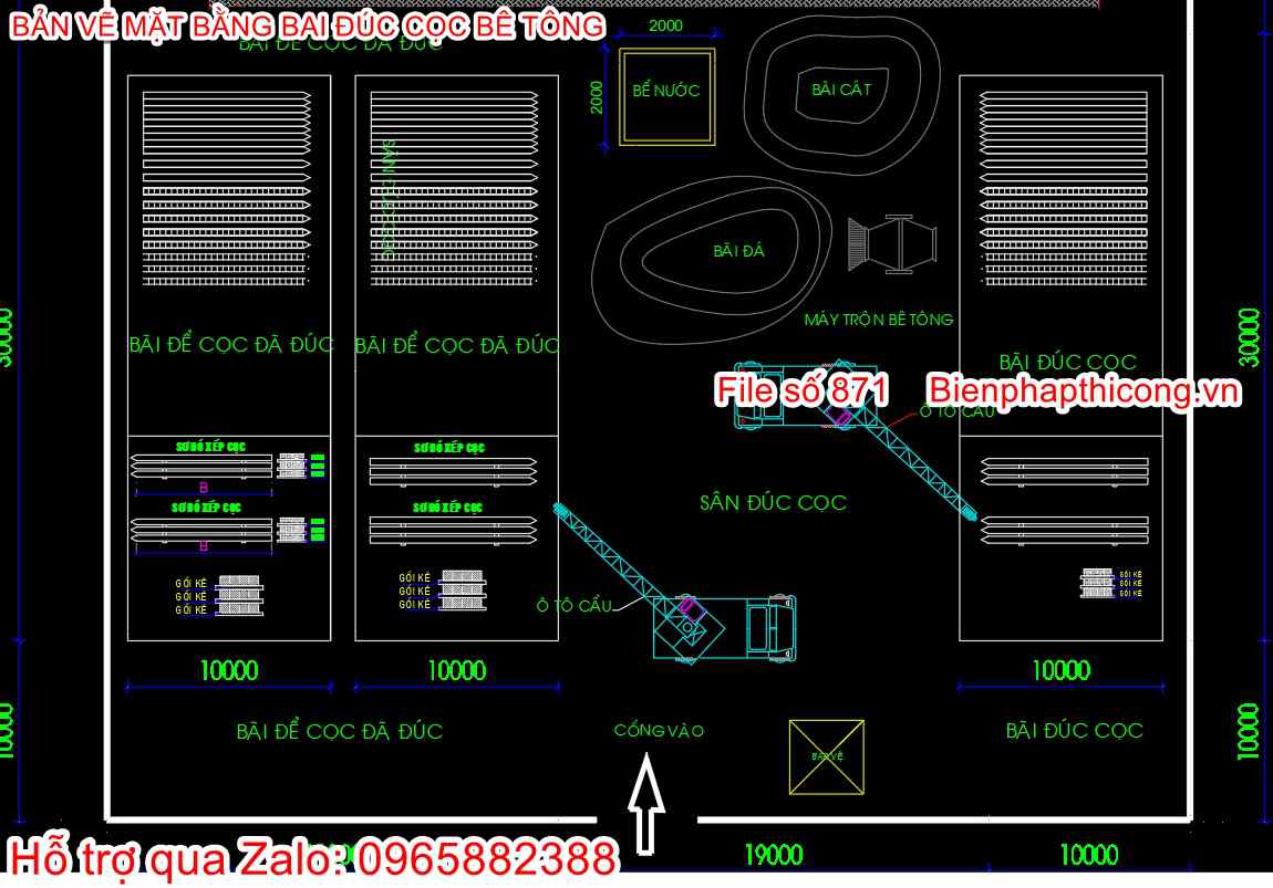 File cad mặt bằng bãi đúc cọc.