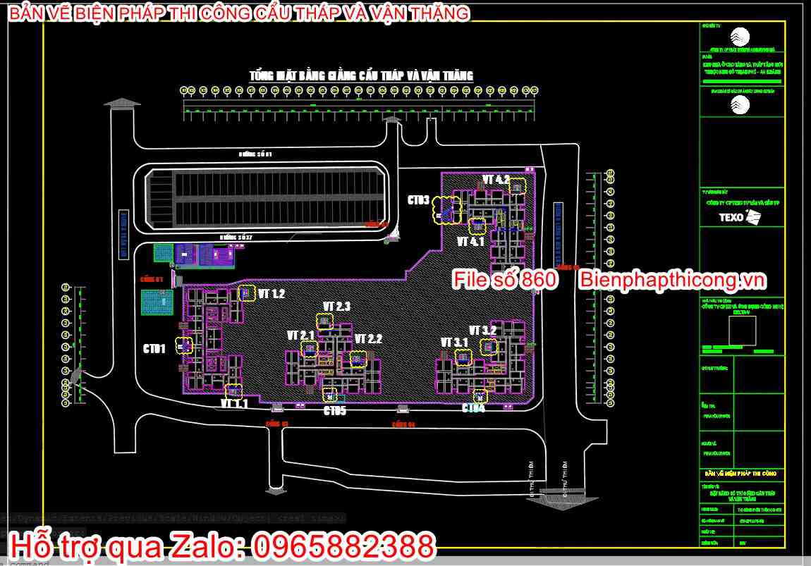 Tổng mặt bằng giằng cẩu tháp và vận thăng cad.