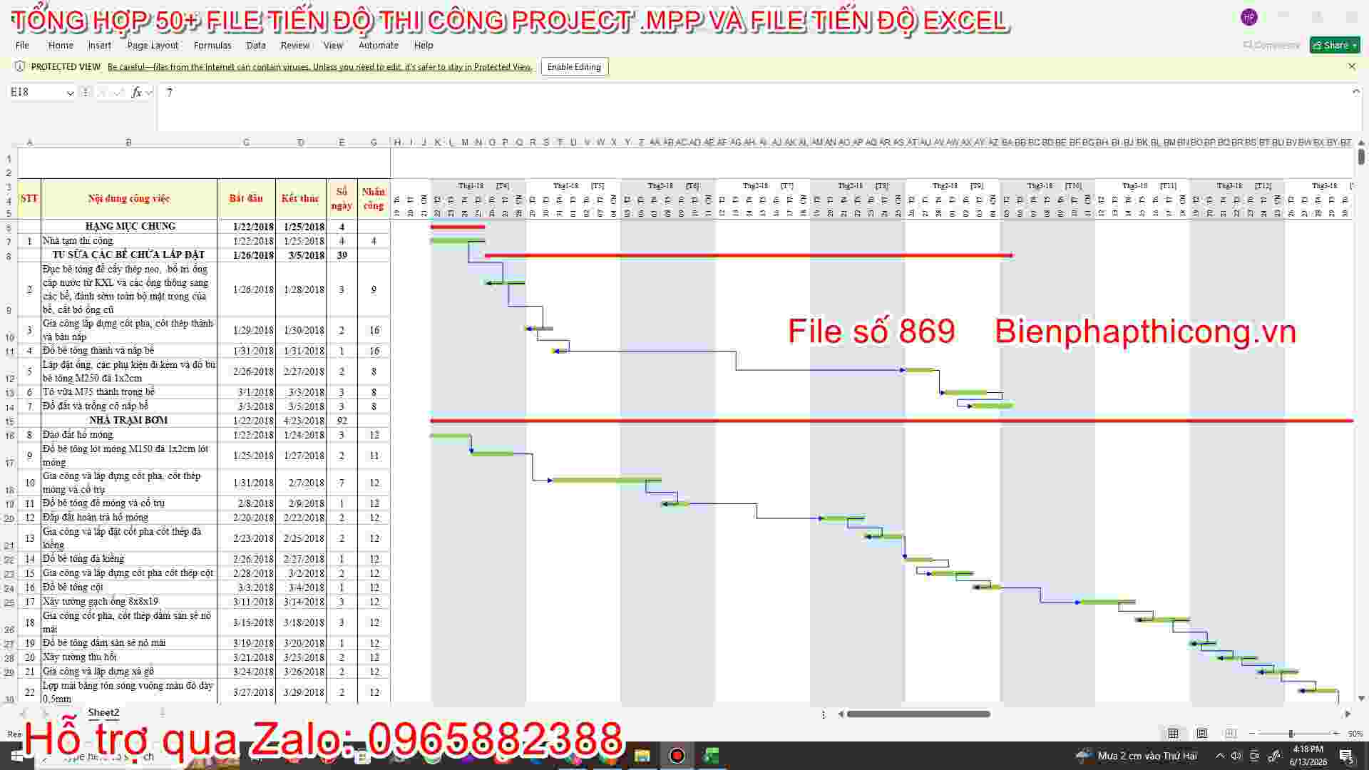 Bảng excel tiến độ thi công.