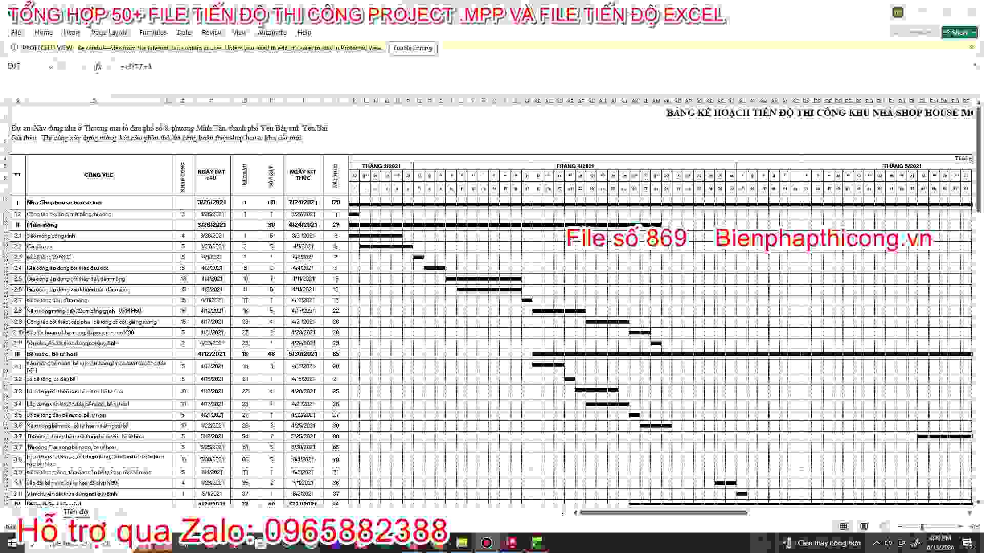 Bảng tiến độ thi công excel.