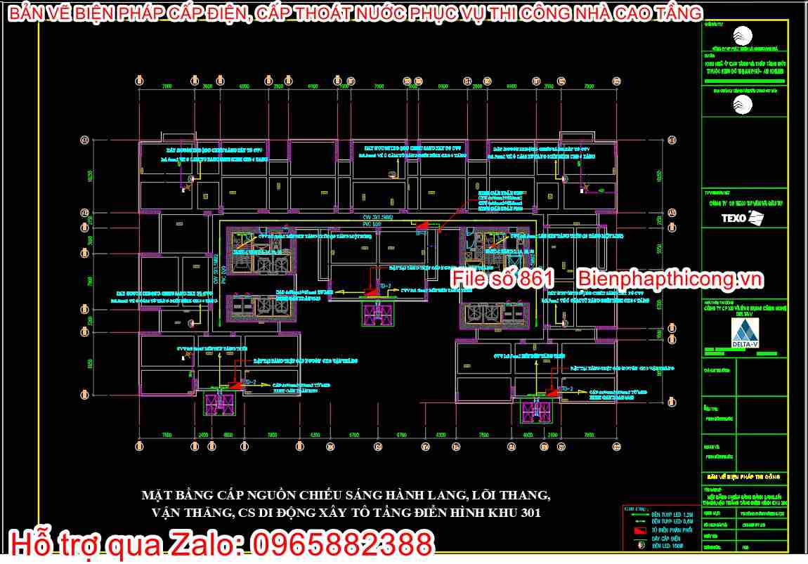 Mặt bằng cấp nguồn chiếu sáng hành lang, lõi thang, vận thăng.