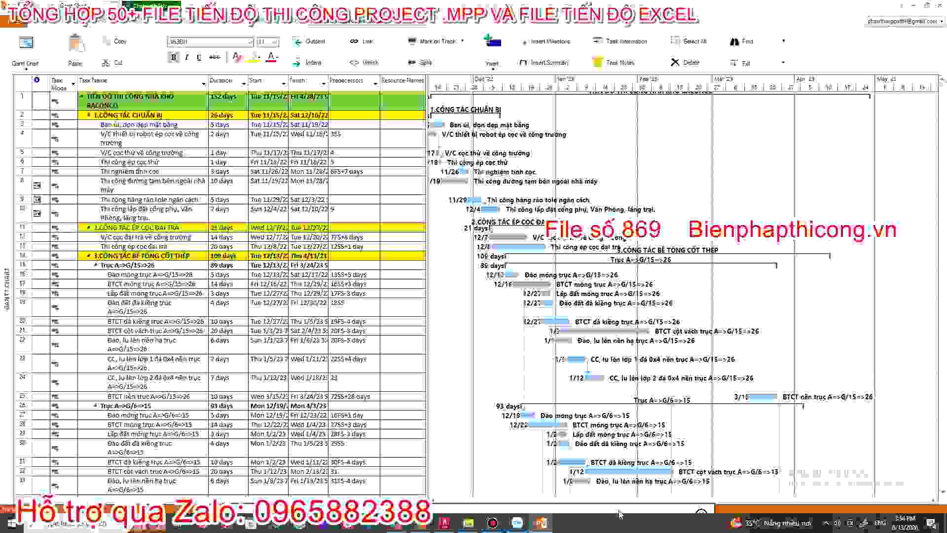 Bảng tiến độ thi công bằng project .mpp