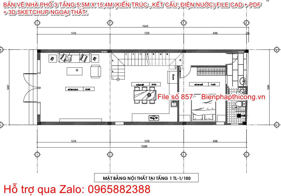 Mặt bằng thiết kế tại tầng 1 nhà ống 3 tầng rộng 5,5m.