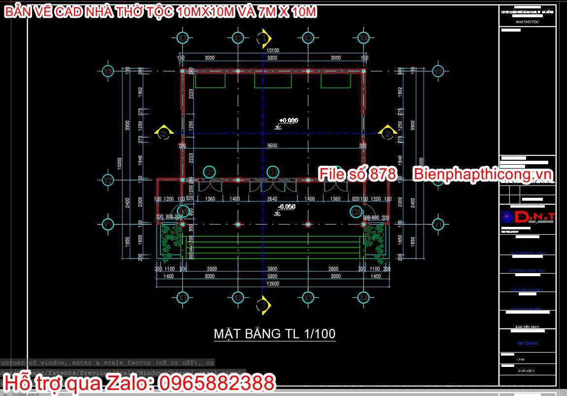 Tải file cad thiết kế nhà thờ tộc 10m x 10m.