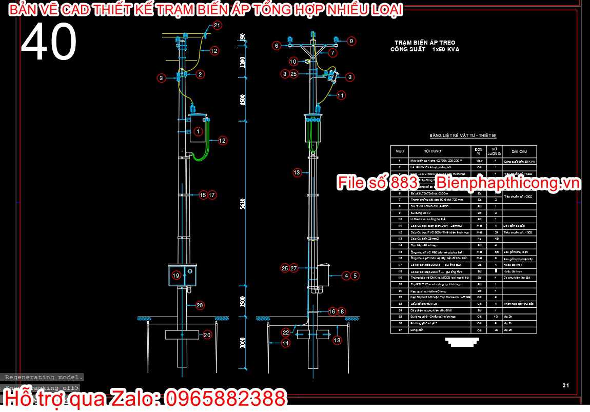 Bản vẽ autocad trạm biến áp treo.